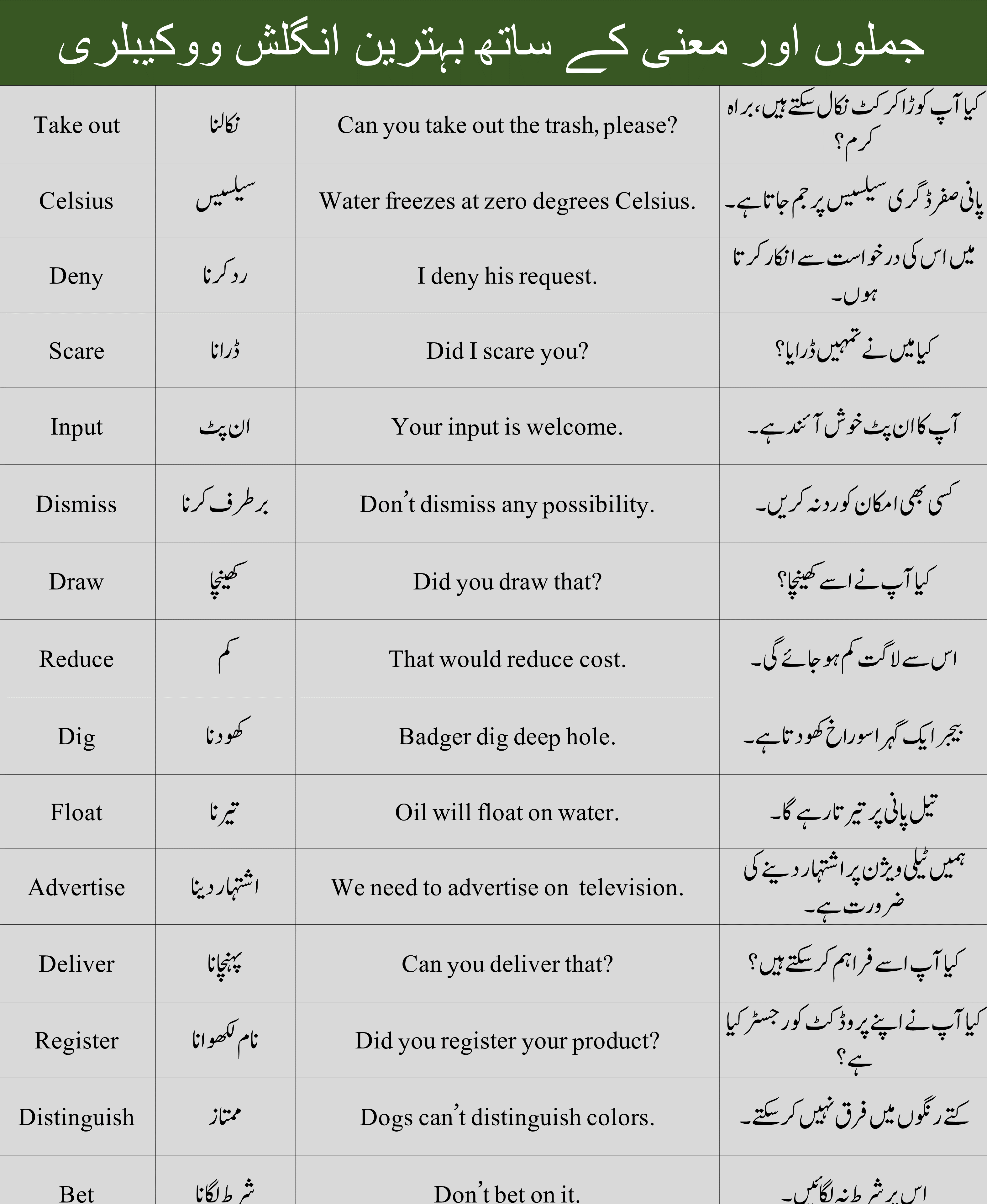 Vocabulary With Meanings And Sentences In Urdu Hindi Examples