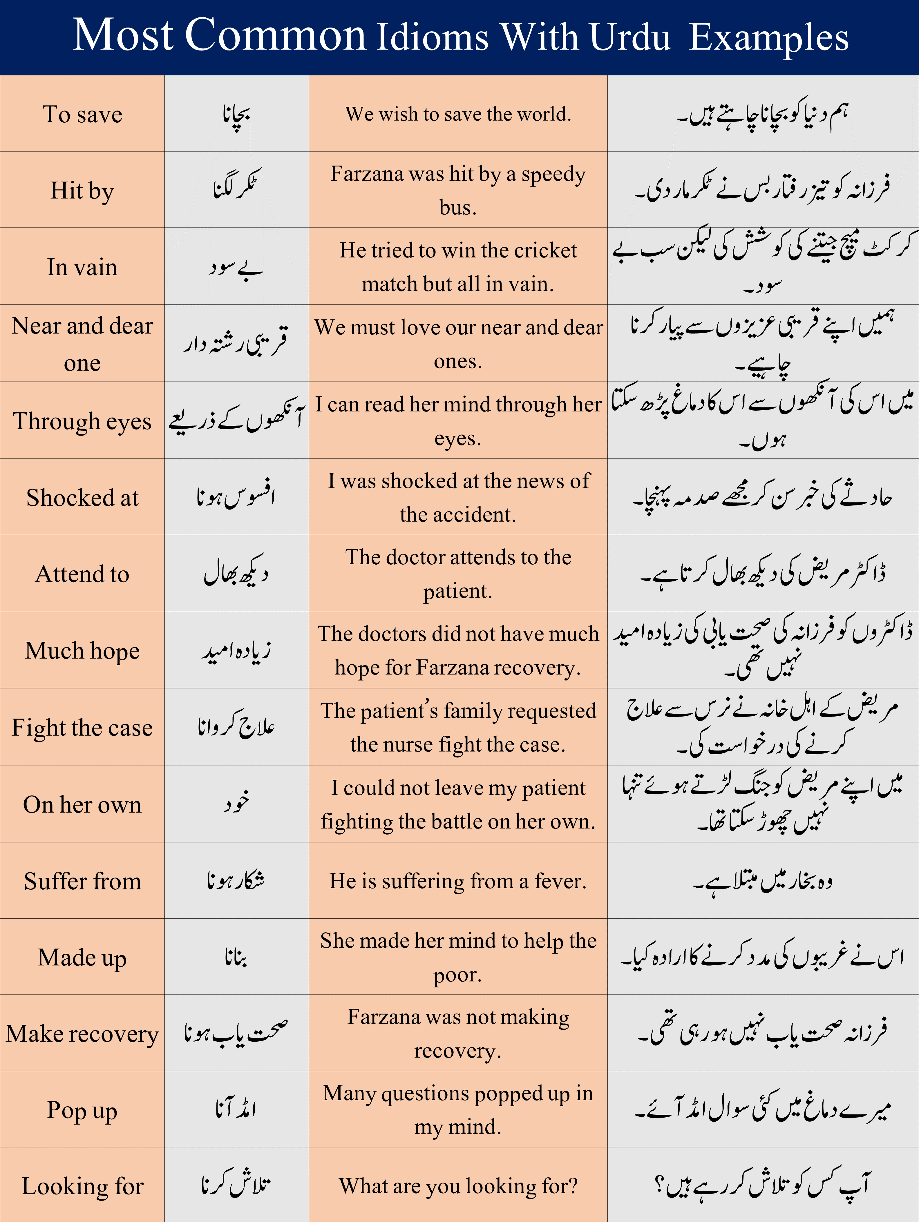 Idioms Meaning in Urdu, Common English Idioms